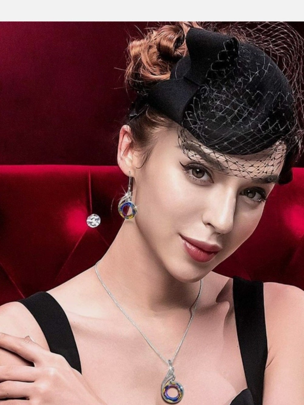 Colorful Circle Pendant Necklace & Drop Earrings Set - Silver Tone